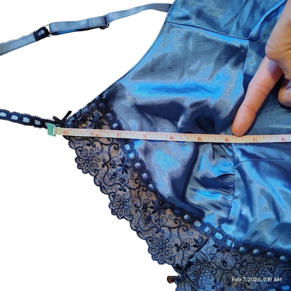 Womens Coquette Satin Slip Dress Size M Blue Lace Trim Babydoll Y2K Fairycore - Picture 11 of 11